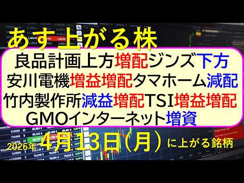良品計画、上方修正・増配。安川電機、増益・増配。タマホーム、減配。竹内製作所、減益・増配。～あす上がる株　2026年４… サムネイル