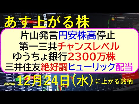 あす上がる株　2025年１２月２４日（水）に上がる銘柄。片山発言円安株高停止。第一三共チャンス。ゆうちょ銀2300万株… サムネイル