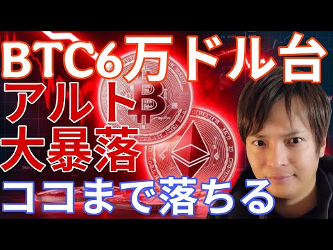 BTC 6万ドル台 アルトコインも大暴落！ココまで落ちます！仮想通貨の買い場を徹底解説！ サムネイル