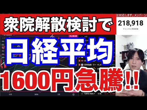 1/10【衆院解散検討で日経平均先物1600円爆上げ‼日本株空売り勢また丸焦げか】高市トレードでドル円158円まで上昇… サムネイル
