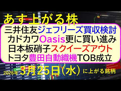 三井住友、ジェフリーズ買収検討。カドカワOasis更に買い進み。日本板硝子スクイーズアウト。～あす上がる株　2026年… サムネイル