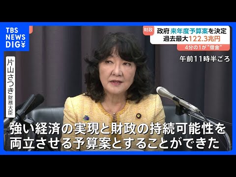 【歳入の4分の1程度が国債】過去最大122.3兆円の来年度予算案 閣議決定 「財政規律にも配慮」片山さつき財務大臣｜T… サムネイル