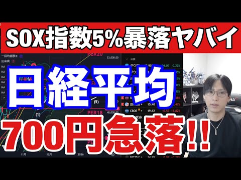 12/13【緊急、日経平均先物700円急落‼】半導体株指数5％暴落で日本株に下落圧力。日銀上げ警戒か→ドル円１５５円。… サムネイル
