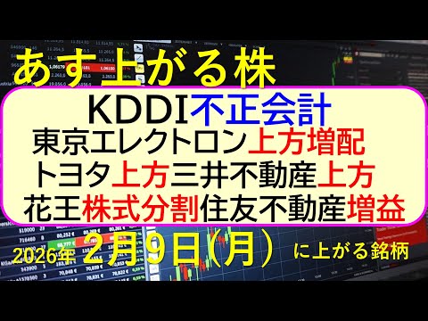 KDDIが不正会計疑義で決算延期。東京エレクトロン上方増配。トヨタ上方。三井不動産上方。花王株式分割。住友不動産増益。… サムネイル