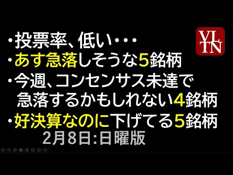 衆院選、投票率低い。あす急落しそうな５銘柄。コンセンサス未達で急落するかもしれない４銘柄。好決算で下げてる５銘柄。2月… サムネイル