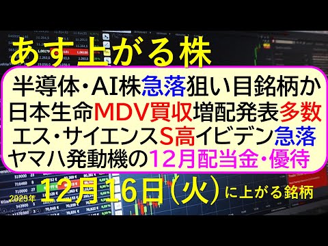 あす上がる株　2025年１２月１６日（火）に上がる銘柄。日本生命ＭＤＶ買収。半導体・AI株急落。エス・サイエンスS高。… サムネイル