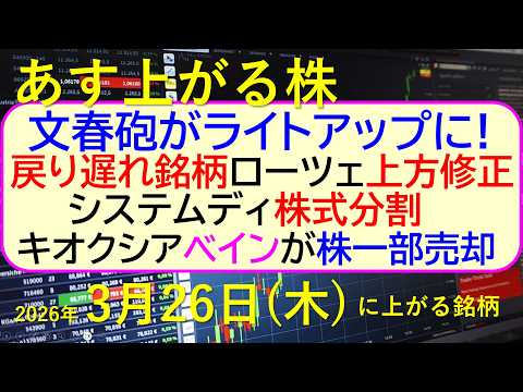文春砲がライトアップに。戻り遅れ銘柄。ローツェ上方修正。キオクシアベイン売却。システムディ株式分割～あす上がる株　20… サムネイル