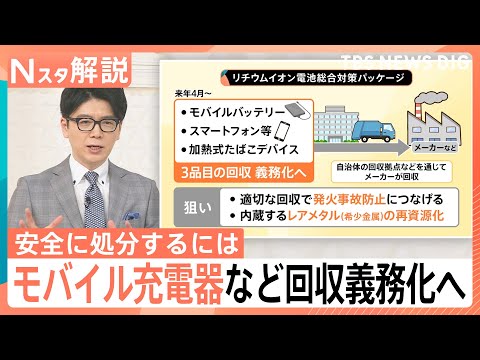 【リチウムイオン電池】「スマホ」や「モバイル充電器」など回収義務化へ　火災防止＆レアメタルの確保に【Nスタ解説】｜TB… サムネイル
