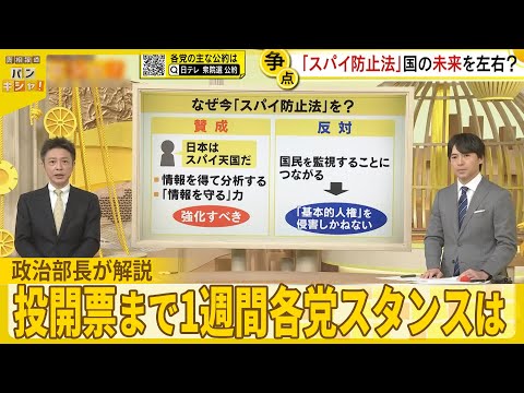 【衆議院選挙】投開票まで1週間「国旗損壊罪」「スパイ防止法」各党スタンスは…  政治部長が解説『バンキシャ！』 サムネイル
