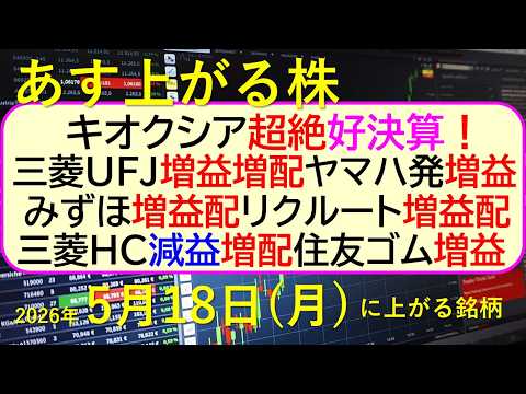 キオクシア、超絶好決算！三菱ＵＦＪ増益増配。みずほ増益増配。三菱ＨＣ減益増配。ヤマハ発動機増益。～あす上がる株　202… サムネイル