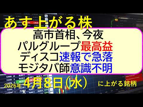 高市首相、今夜。パルグループが最高益。ディスコは速報で急落。モジタバ師が意識不明。～あす上がる株　2026年４月８日（… サムネイル