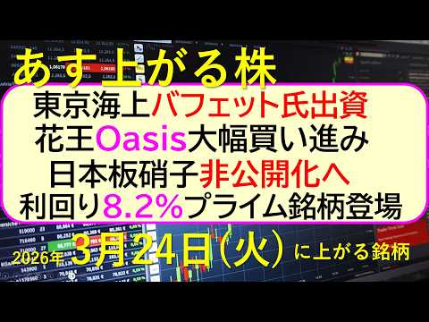 東京海上にバフェット氏出資。花王、Oasis大幅買い進み。日本板硝子、非公開化か。利回り8.2%。～あす上がる株　20… サムネイル