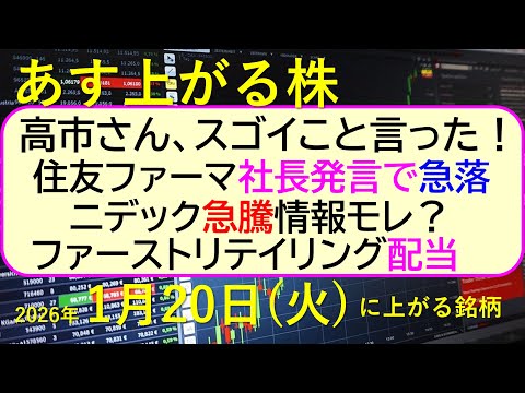 高市さん、スゴイこと言った！住友ファーマ社長発言で急落。ニデック急騰情報モレ？～あす上がる株　2026年１月２０日（火… サムネイル
