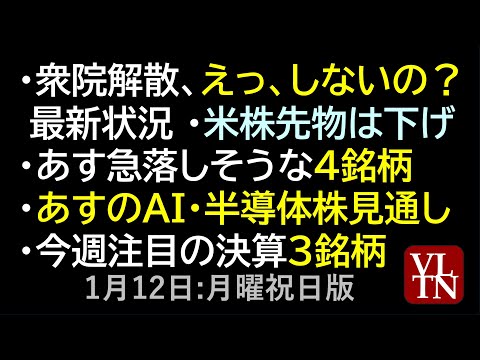 衆院解散、えっ、しないの？最新状況。 あす急落しそうな４銘柄。AI・半導体株見通し。注目の決算３銘柄。１月１２日（月・… サムネイル