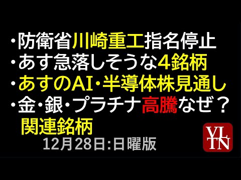 防衛省、川崎重工を指名停止。あす急落しそうな４銘柄。あすのAI・半導体株。金・銀・プラチナ関連銘柄。決算スケジュール２… サムネイル