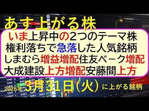 いま上昇中２テーマ株。権利落ちで急落した人気銘柄。しまむら増益増配。住友ベ増配。大成建設上方増配～あす上がる株　202… サムネイル