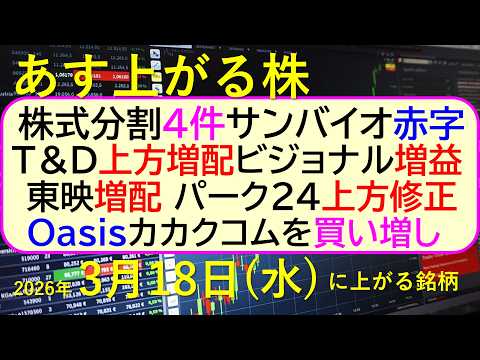 Ｔ＆Ｄ上方増配。ビジョナル増益。東映増配。パーク２４上方修正。株式分割が４件。サンバイオ赤字。～あす上がる株　2026… サムネイル