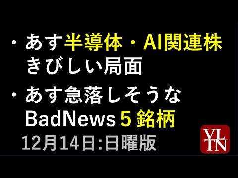 あす半導体・AI関連株きびしい局面。あす急落しそうなBadNews５銘柄。決算スケジュール２週間分。12月14日（日曜… サムネイル