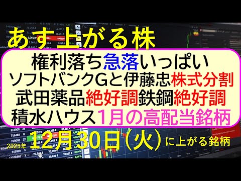 あす上がる株　2025年１２月３０日（火）に上がる銘柄。権利落ちの急落がいっぱい。ソフトバンクGと伊藤忠、株式分割。武… サムネイル