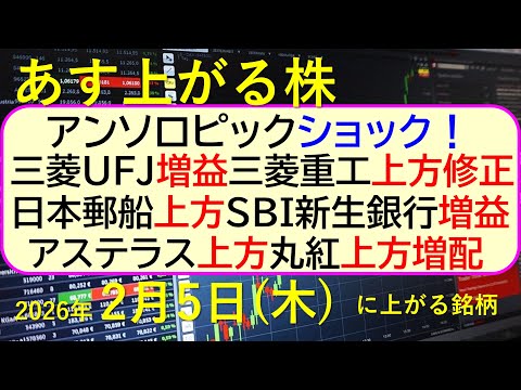 アンソロピックショック！三菱ＵＦＪ増益。三菱重工上方。日本郵船上方。ＳＢＩ新生銀行増益～あす上がる株　2026年２月５… サムネイル