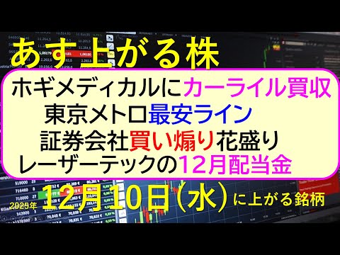 あす上がる株　2025年１２月１０日（水）に上がる銘柄。ホギメディカルカーライル買収。東京メトロ最安ライン。証券会社買… サムネイル