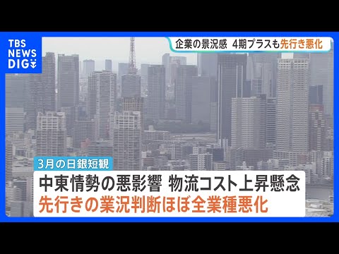日銀3月短観　企業の景況感4期プラスも先行き悪化　日銀「中東情勢悪化の影響が完全に織り込まれているとは言えない」今後ど… サムネイル