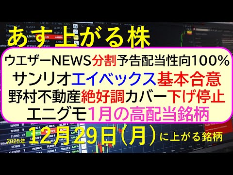 あす上がる株　2025年１２月２９日（月）に上がる銘柄。ウエザーNEWS分割配当性向100%。サンリオエイベックス基本… サムネイル