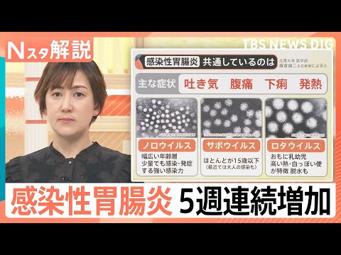 吐き気、下痢、発熱…「感染性胃腸炎」が増加傾向　スマホに付着したウイルスにも注意！【Nスタ解説】｜TBS NEWS D… サムネイル