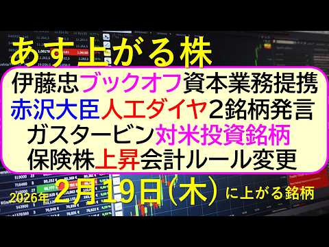 伊藤忠ブックオフ資本業務提携。赤沢大臣、人工ダイヤ２銘柄発言。ガスタービン対米投資銘柄。会計ルール変更で保険株上昇。～… サムネイル